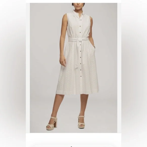 Anne Klein sz 8 white eyelet midi sleeveless sundress collared button front sash - Picture 1 of 12